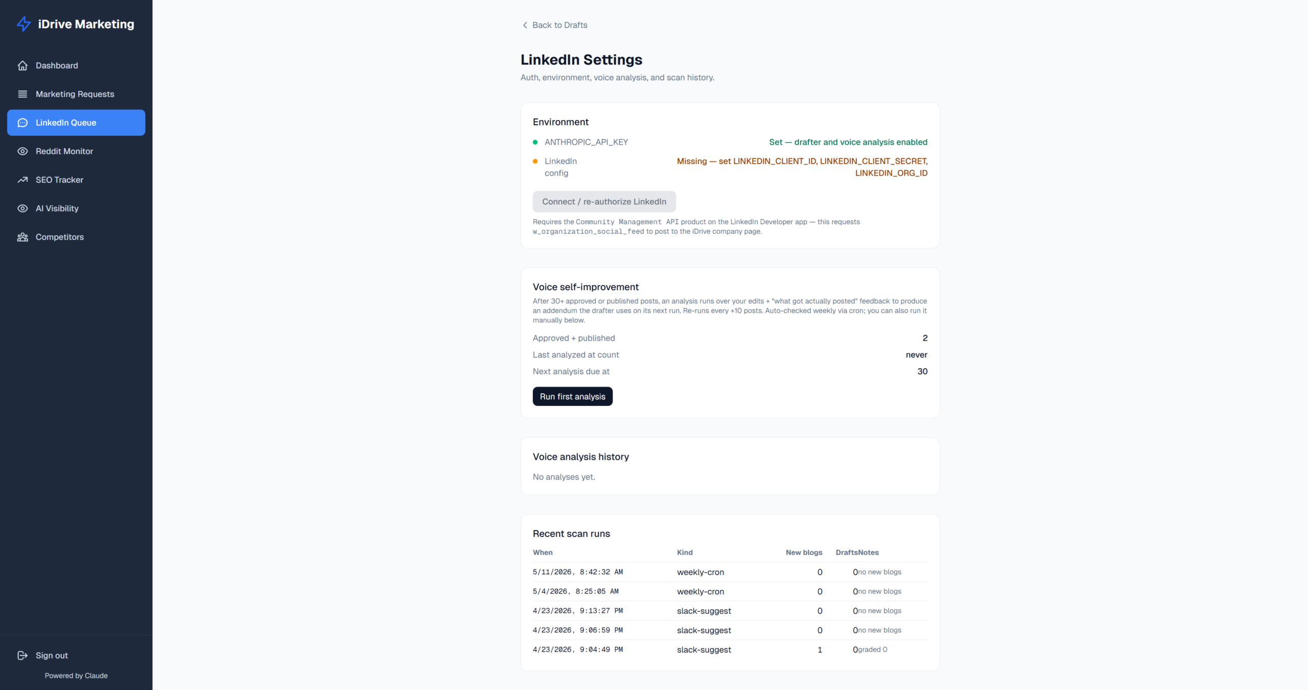 iDrive Marketing portal, LinkedIn Settings page: environment status, voice self-improvement counters (2 approved, next analysis at 30) and a Recent scan runs log with weekly-cron entries