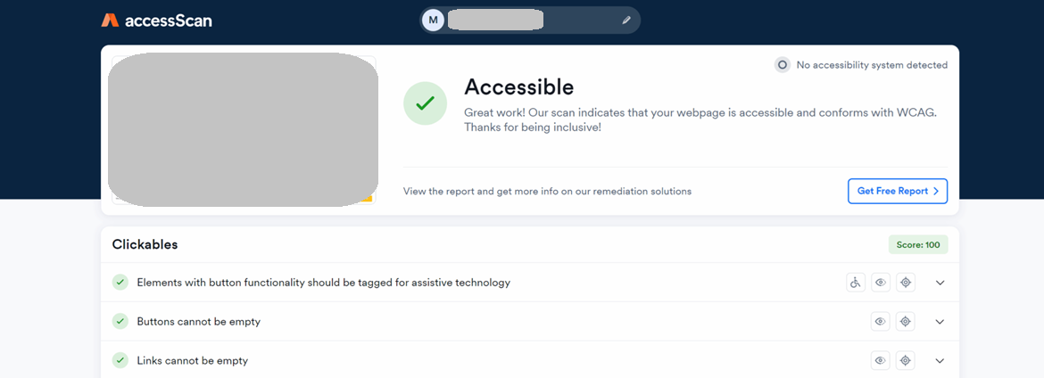 accessScan result reading 'Accessible: our scan indicates that your webpage is accessible and conforms with WCAG', with a Clickables score of 100