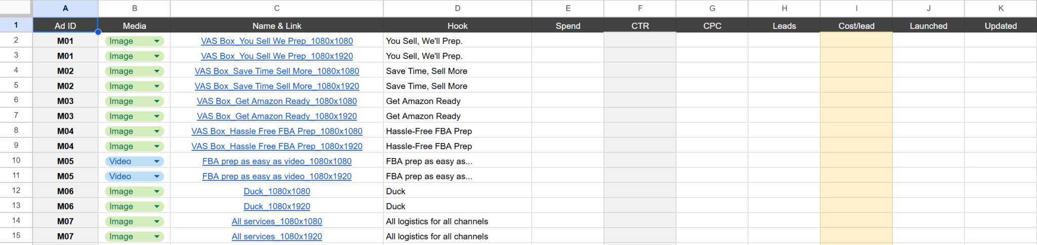 Spreadsheet of where we keep track of our ads and assets
