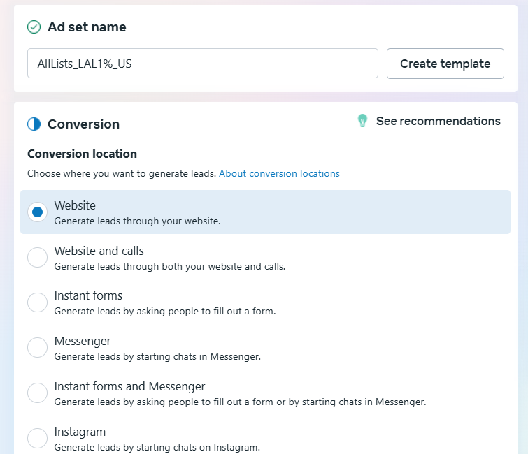 Ad set name and conversion location