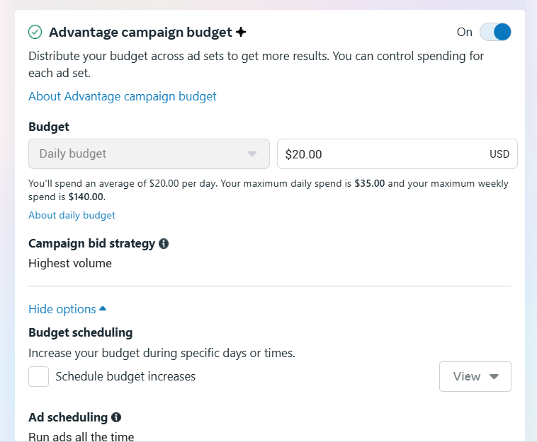 Budget setting UI in Meta ads