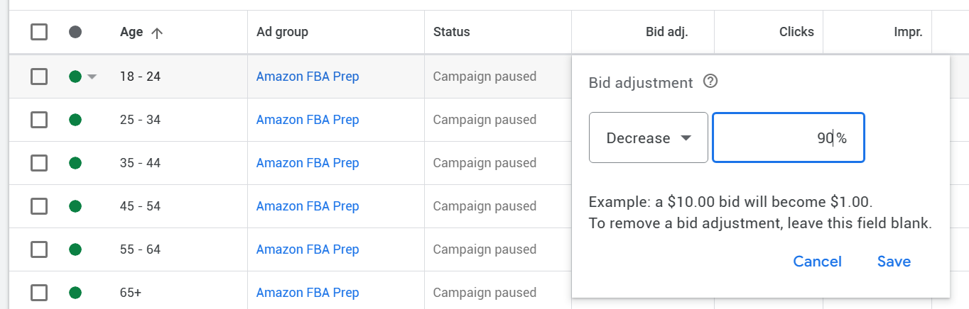 Age ranges and decreasing bid percentage