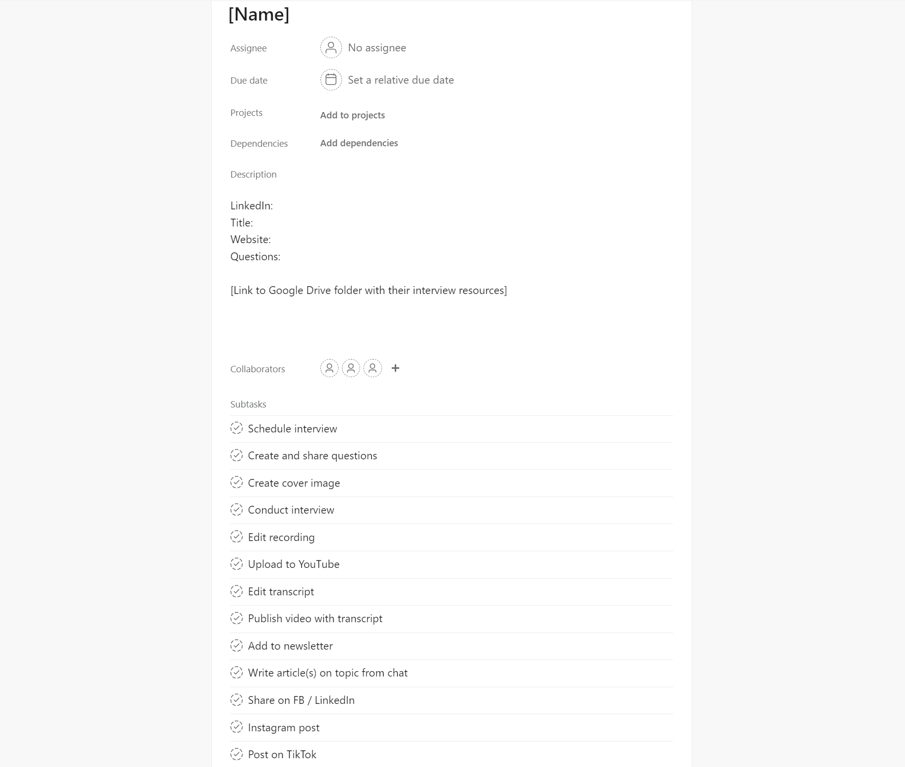 Asana template for interviews