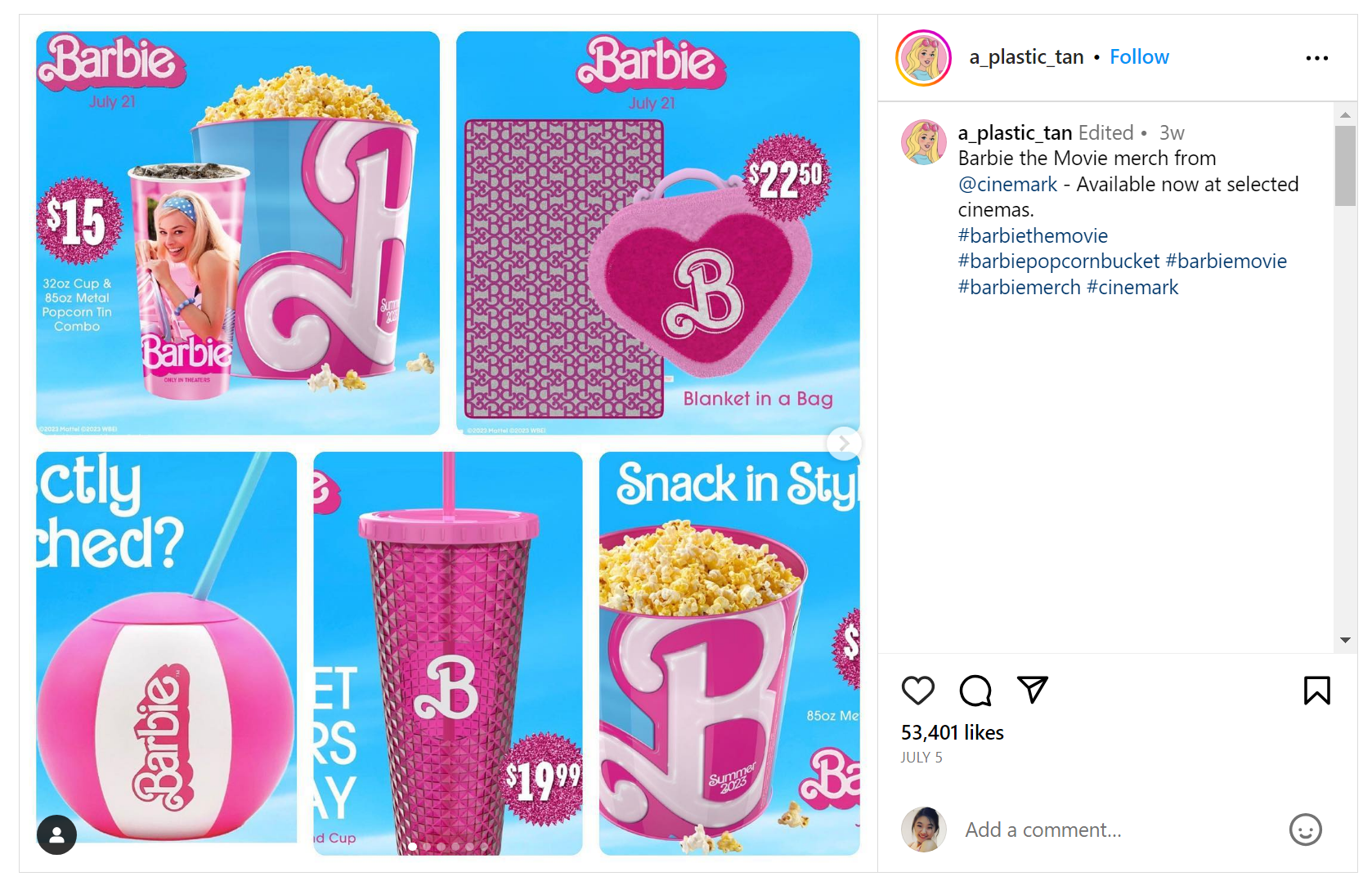 Barbie movie merch from cinemark