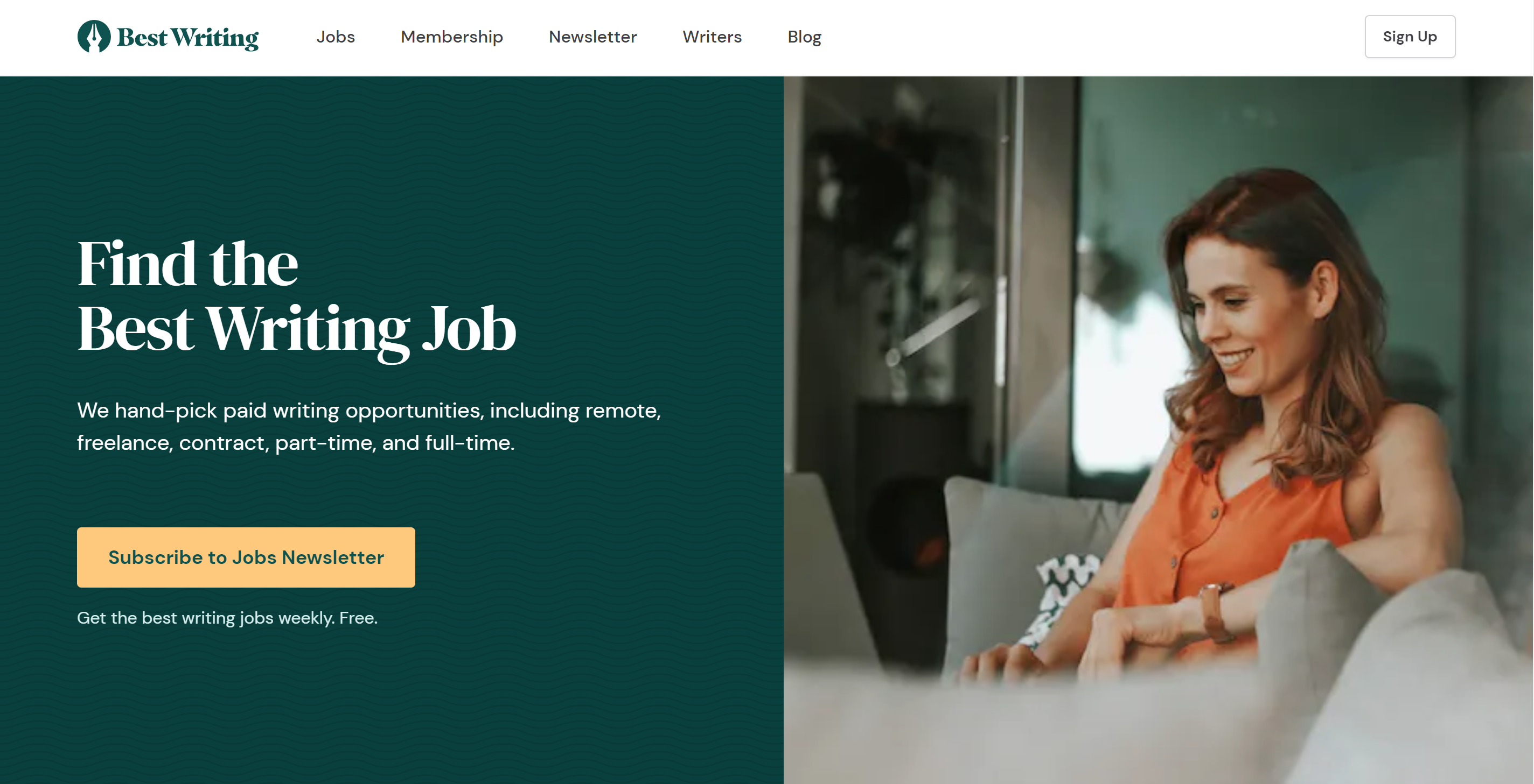 Best Writing homepage: 'Find the Best Writing Job', with a Subscribe to Jobs Newsletter button