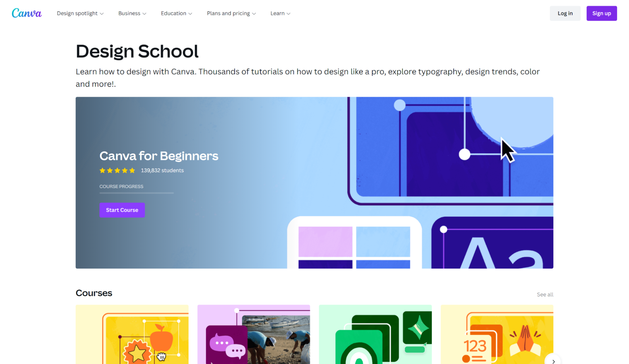 Canva Design School page featuring the 'Canva for Beginners' course with a five-star rating from 139,832 students