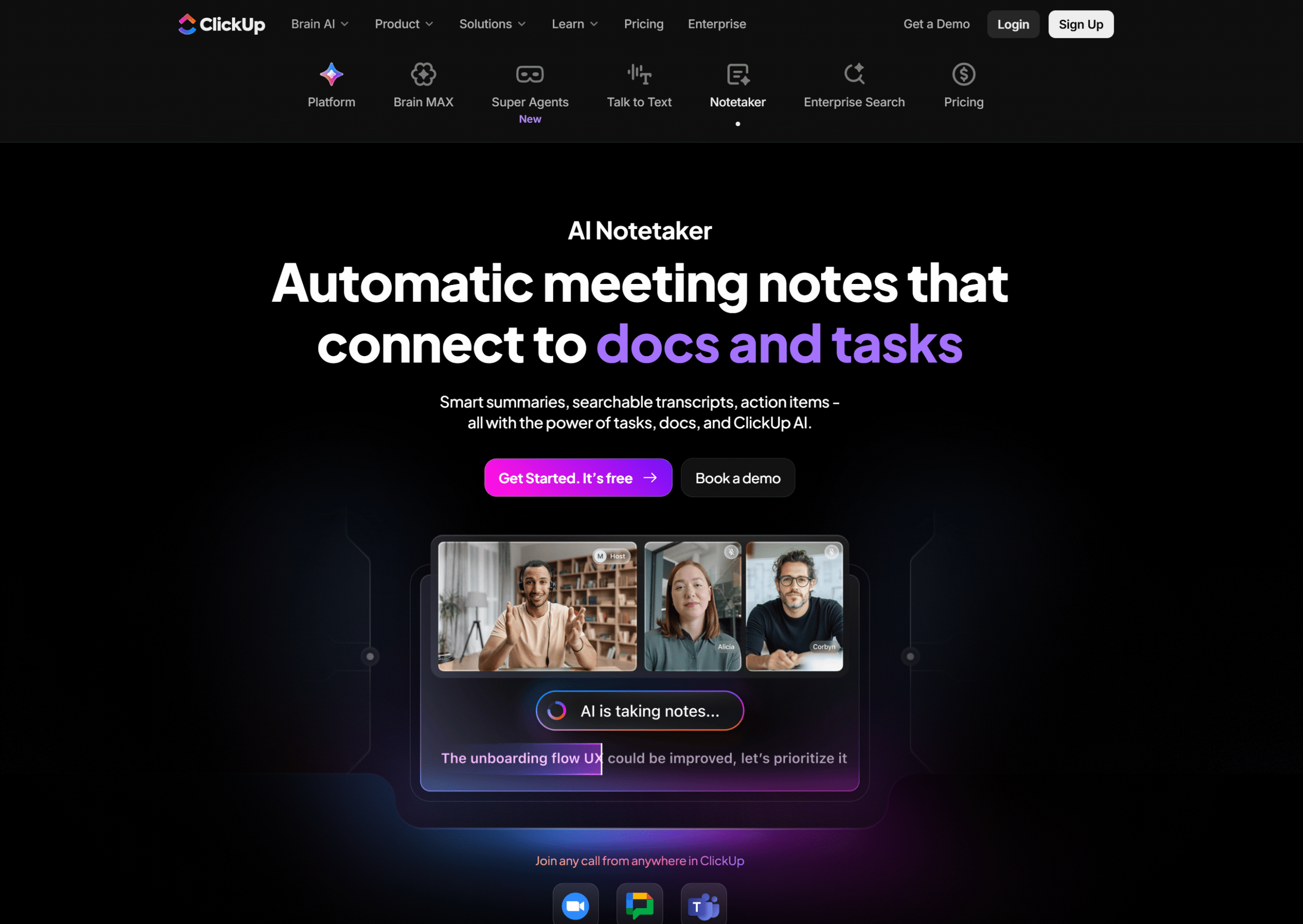 ClickUp AI Notetaker page: 'Automatic meeting notes that connect to docs and tasks', beside a video call where the AI is taking notes