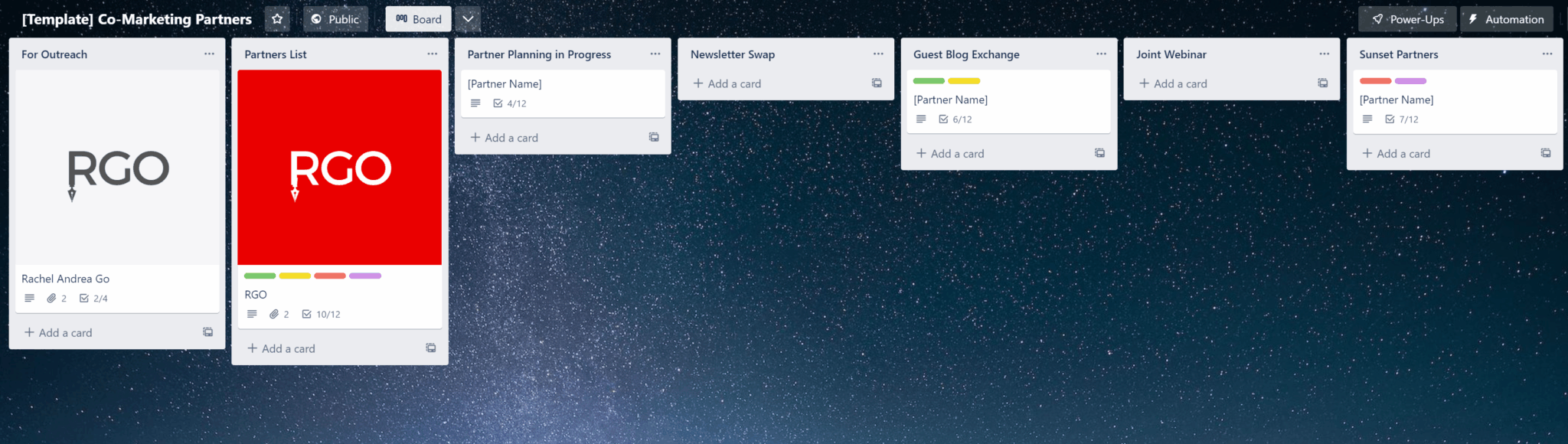 Co-Marketing Partnerships Trello Board