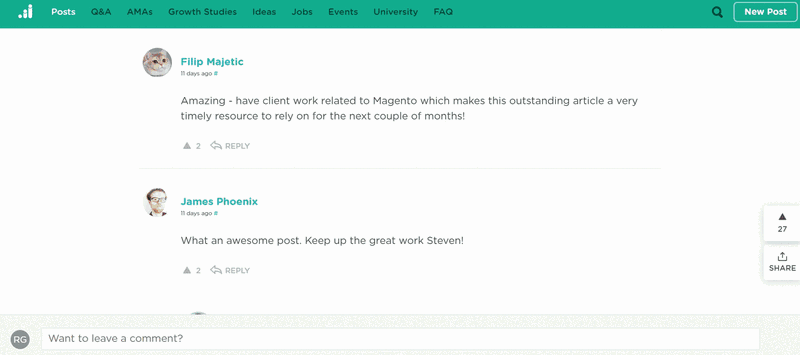 Comments and engagement from one post on GrowthHackers