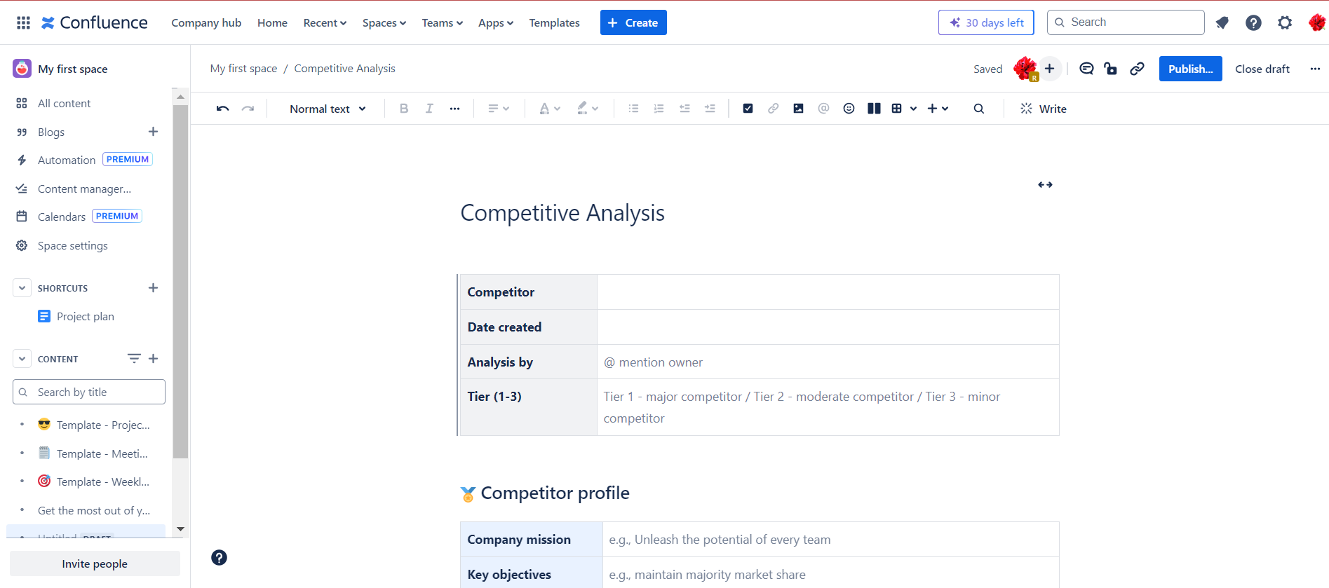Confluence competitve analysis template
