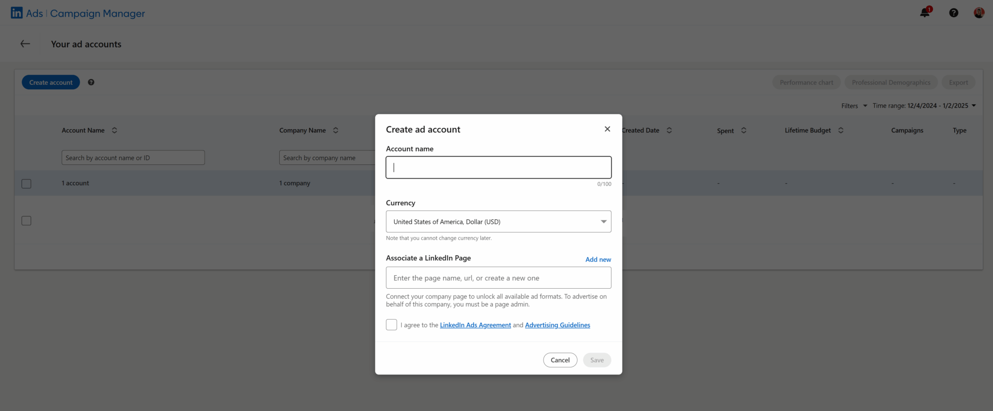Create a LinkedIn ad account