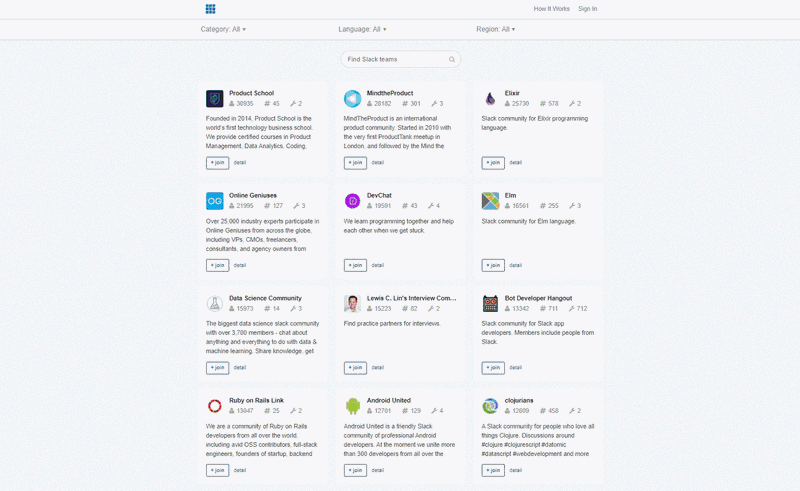 Slack List directory of public Slack communities, filterable by category, language and region, each with member counts and a join button