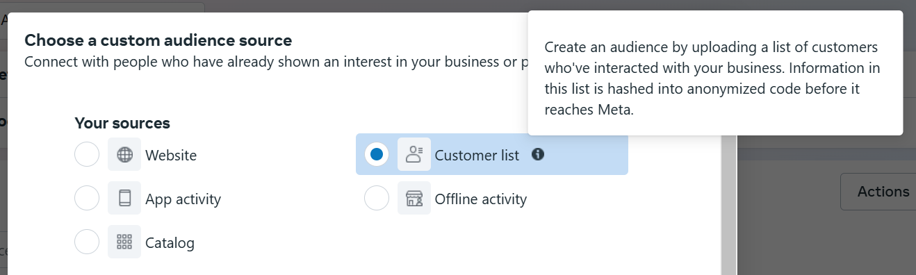 Creating a custom audience from a customer list in Meta ads