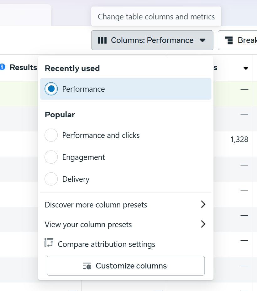 How to customize columns in meta ads preview