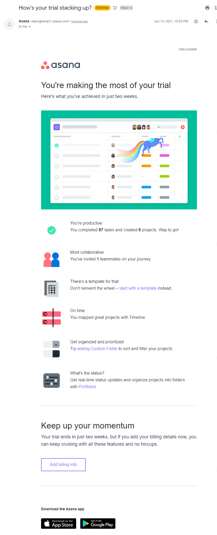 Customized Asana check in email based on what was done