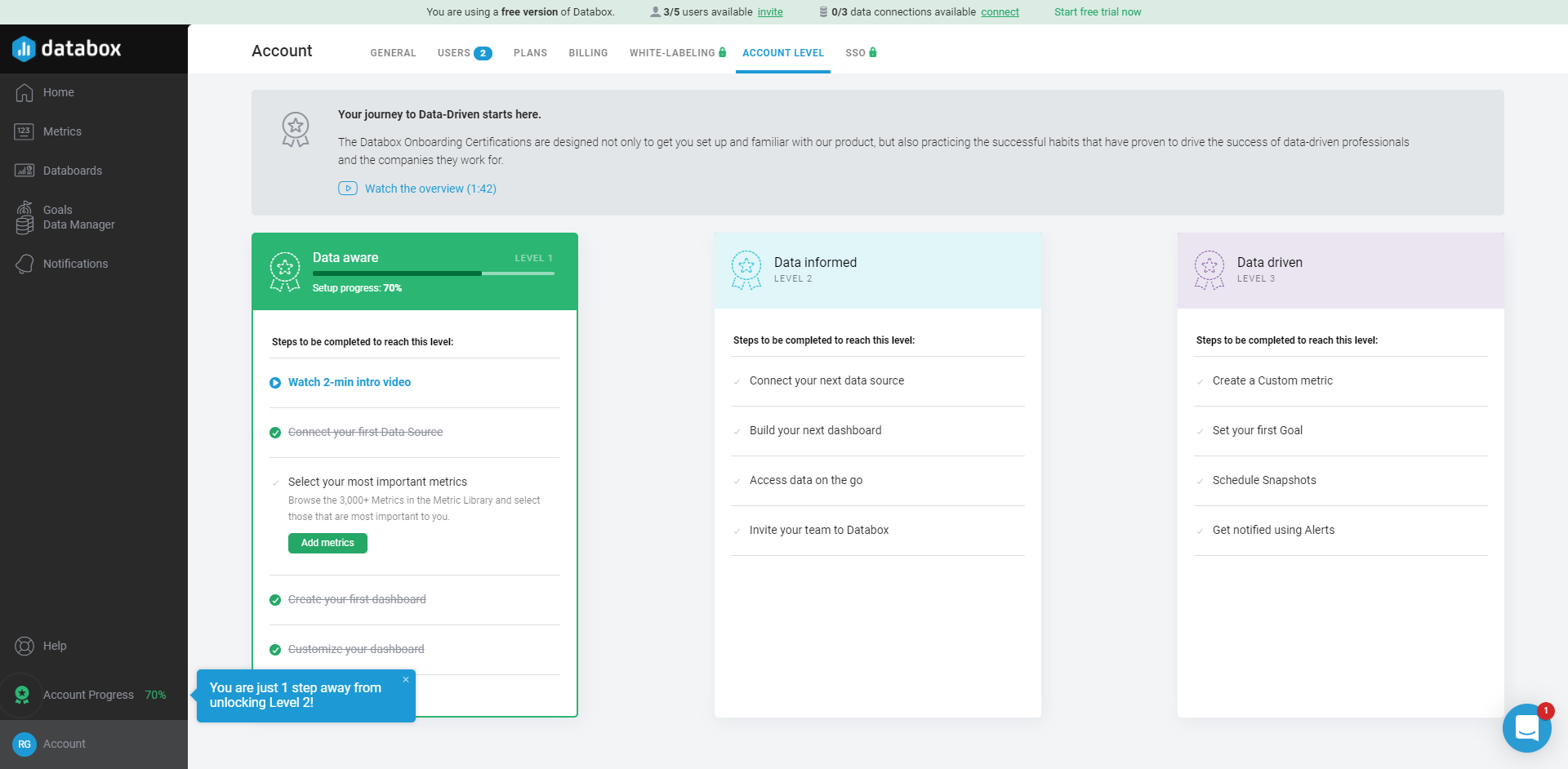 Databox onboarding gamification