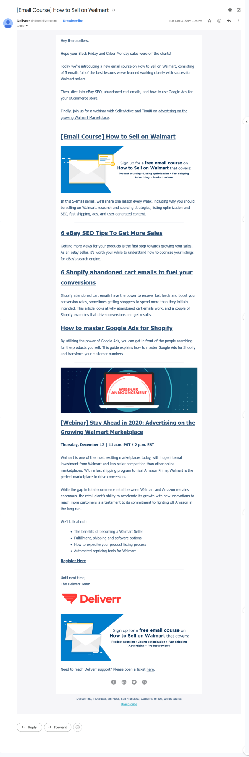 Email course announcement bundled into Deliverr's weekly newsletter alongside SEO content, abandoned-cart content, and a Walmart Marketplace webinar promo.