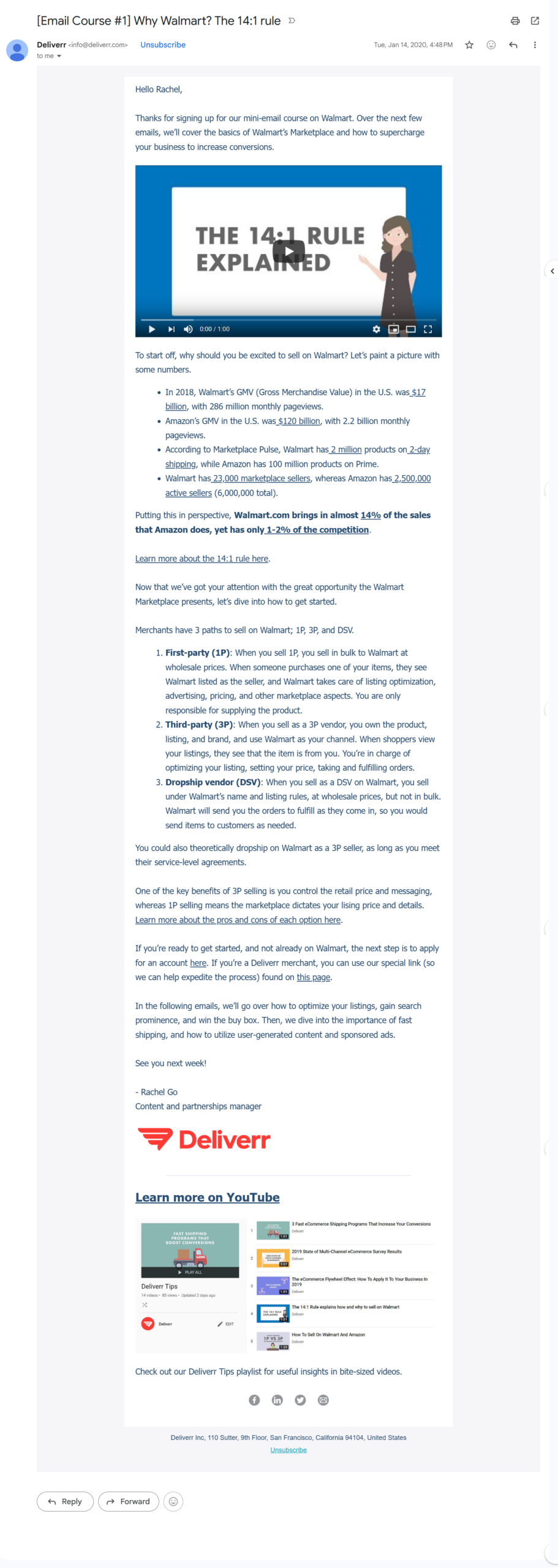 Email 1 of the Walmart Marketplace email course explaining the 14:1 seller-to-buyer rule and Walmart's opportunity for eCommerce sellers.