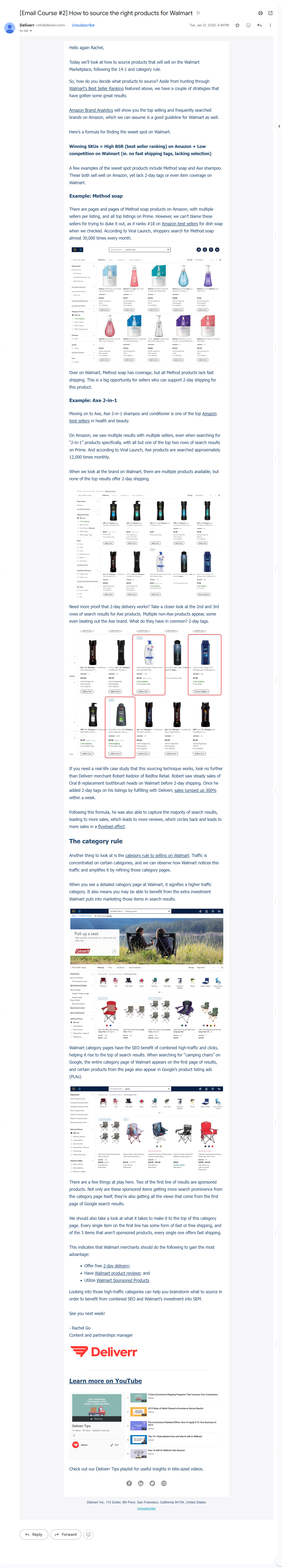 Email 2 covering product-sourcing framework for Walmart Marketplace with the Memorable / Niche / Modify model.