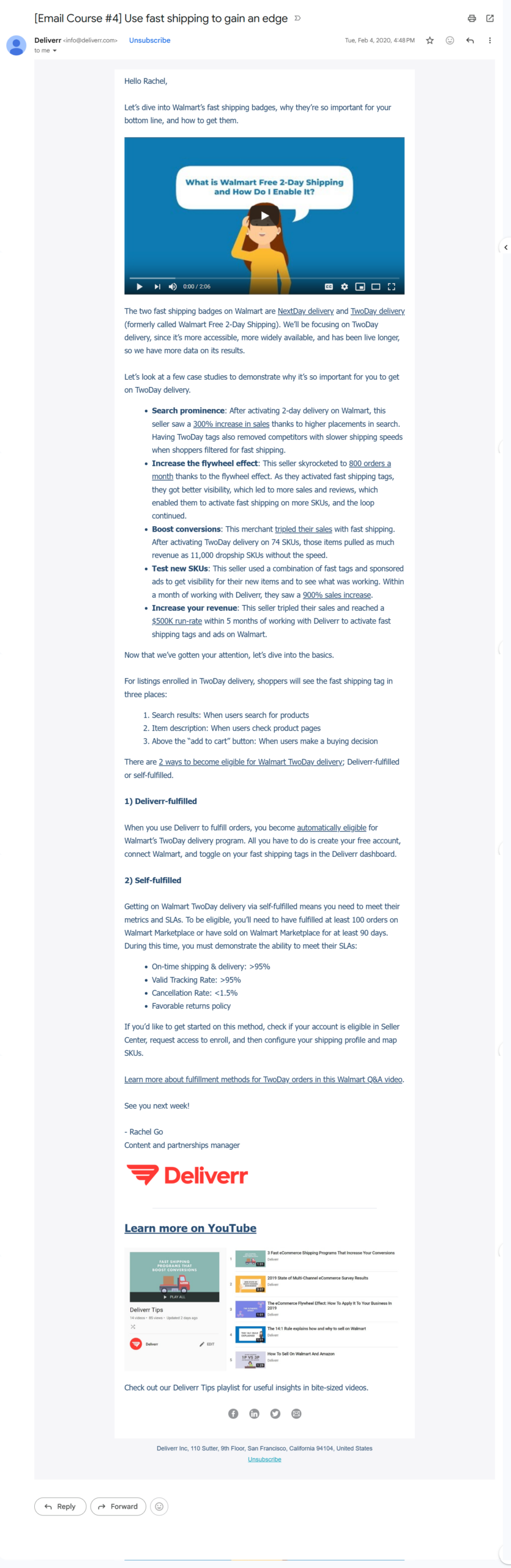 Email 4 covering Walmart's TwoDay shipping program and fulfillment options.