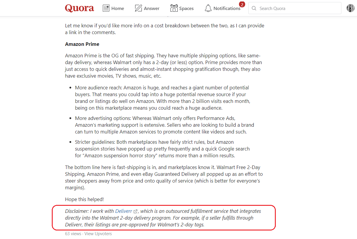 Disclaimer example on Quora