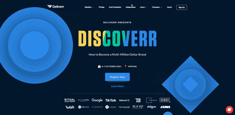 Discoverr 2021 virtual conference landing page on deliverr.com: 'How to Become a Multi-Million Dollar Brand', 6 to 7 October 2021, with a Register Now button and sponsor logos