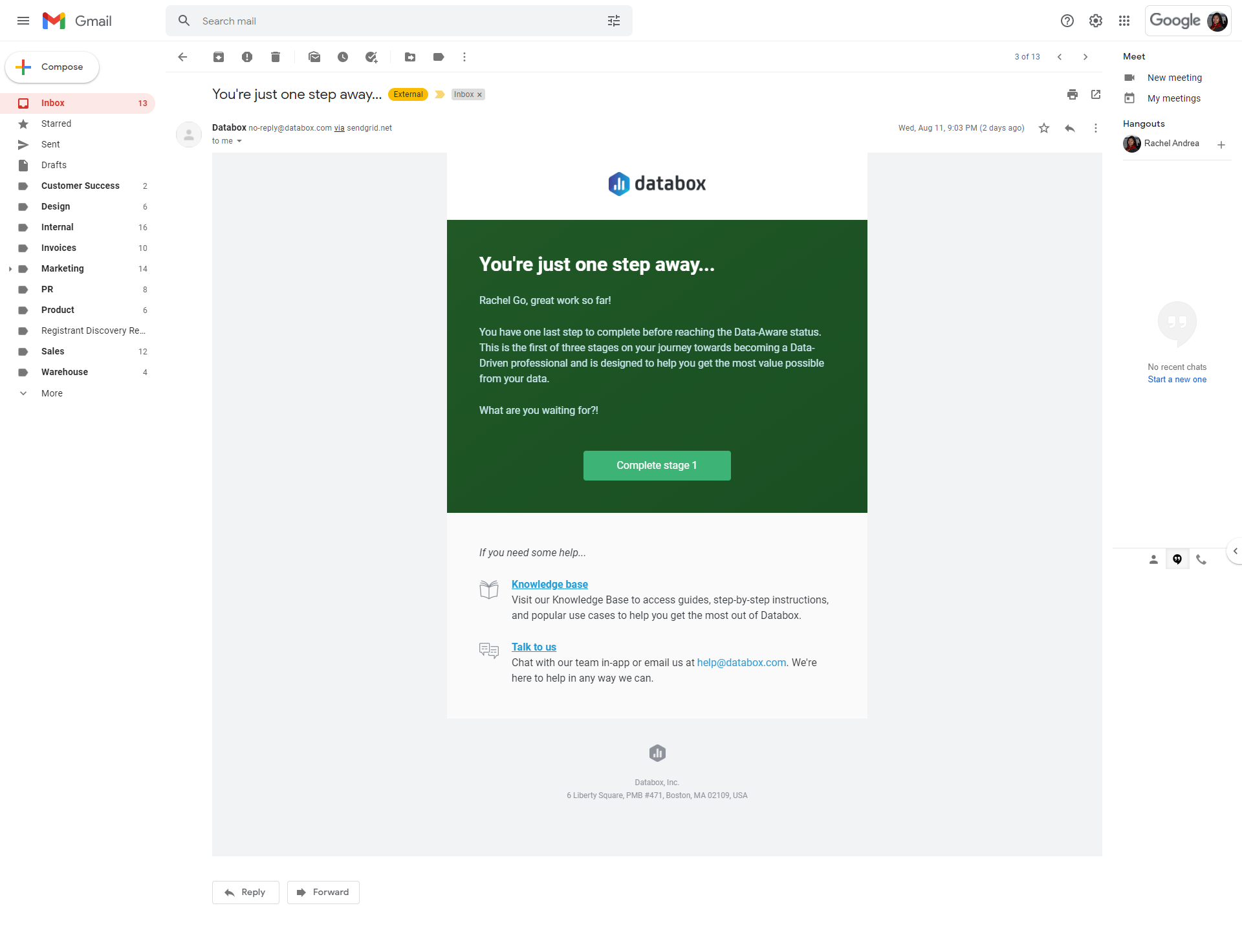 Email reminder from Databox