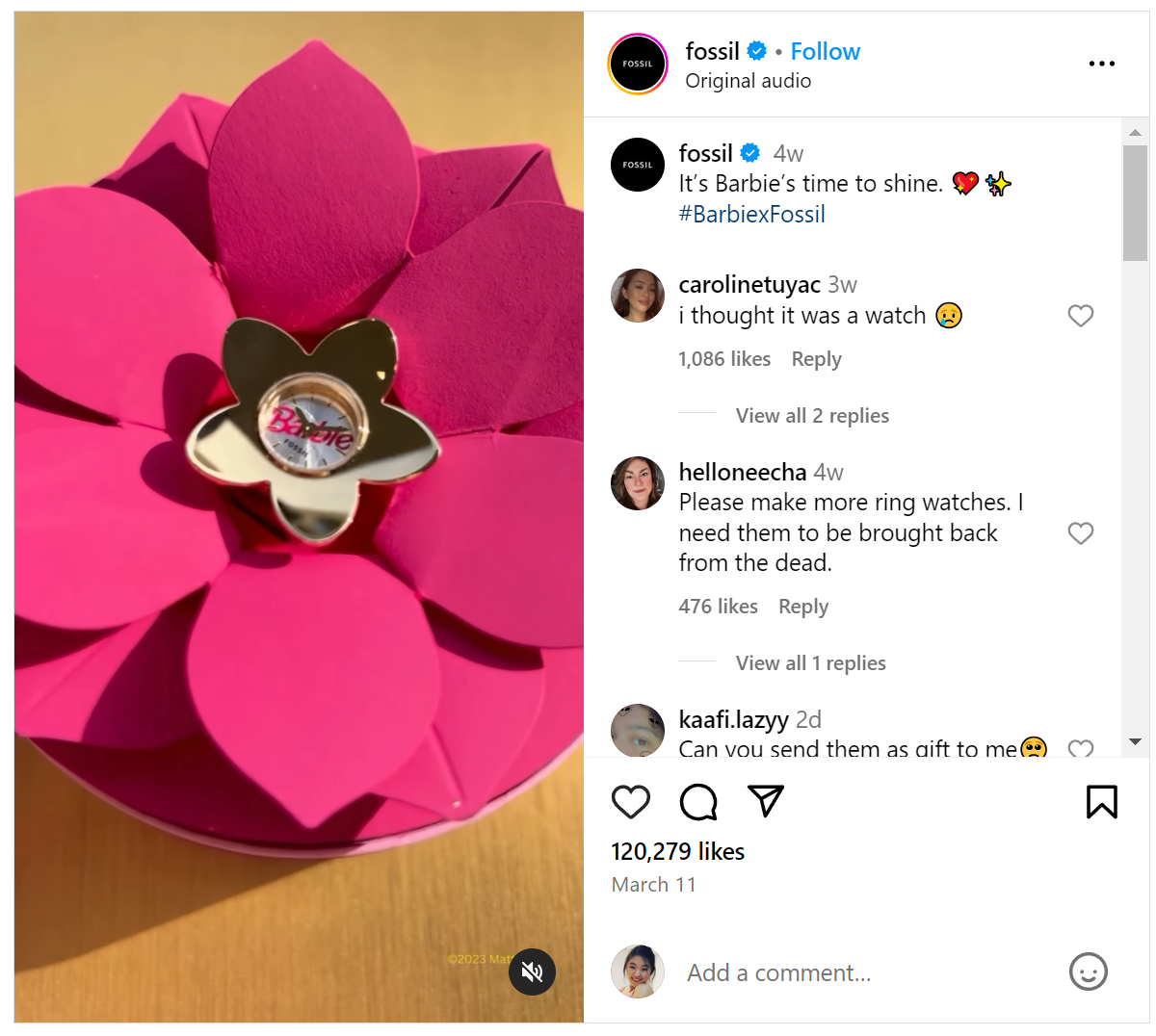 Fossil Barbie ring watch