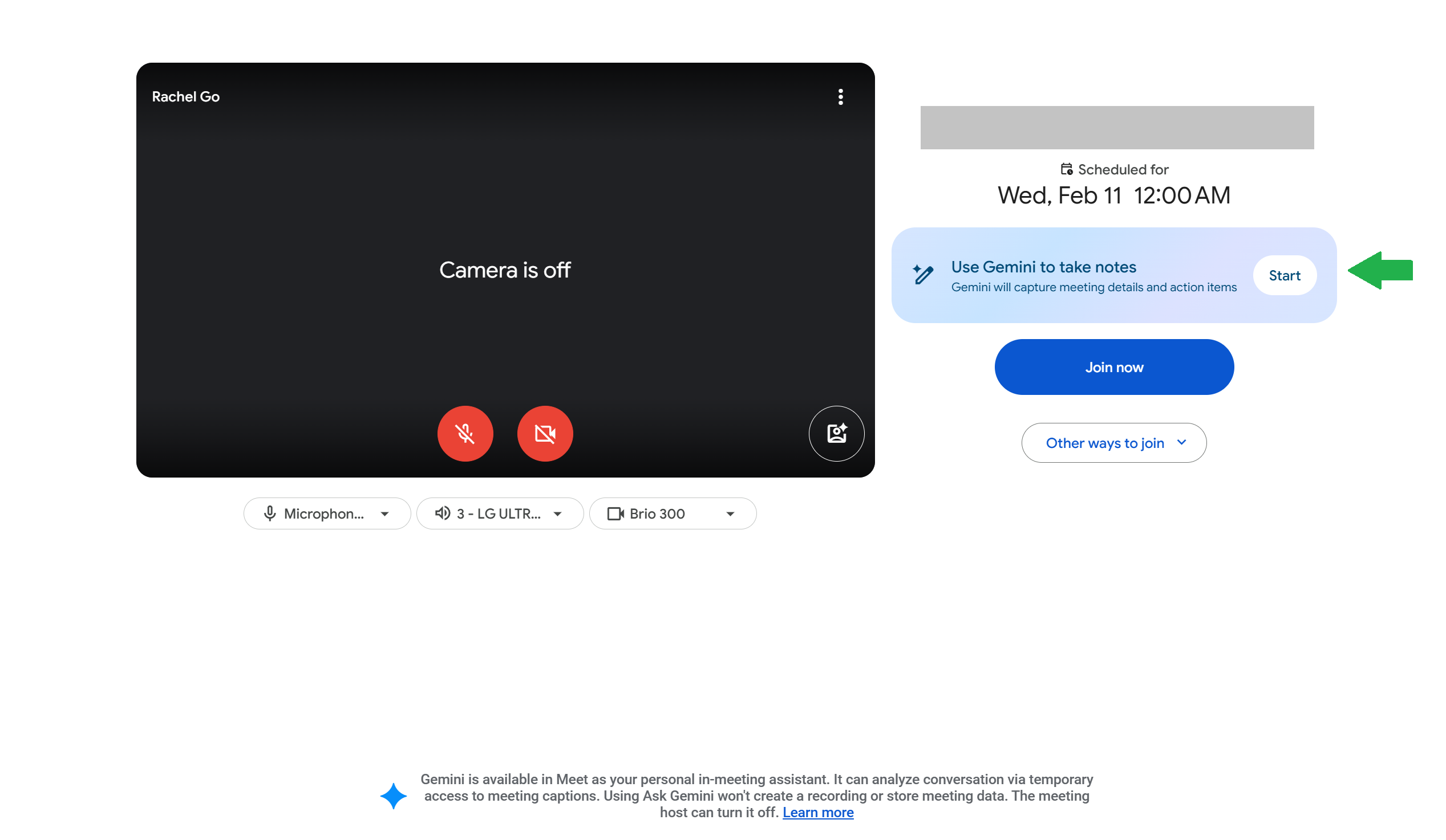 Google Meet pre-join screen with the 'Use Gemini to take notes' option and its Start button highlighted by a green arrow