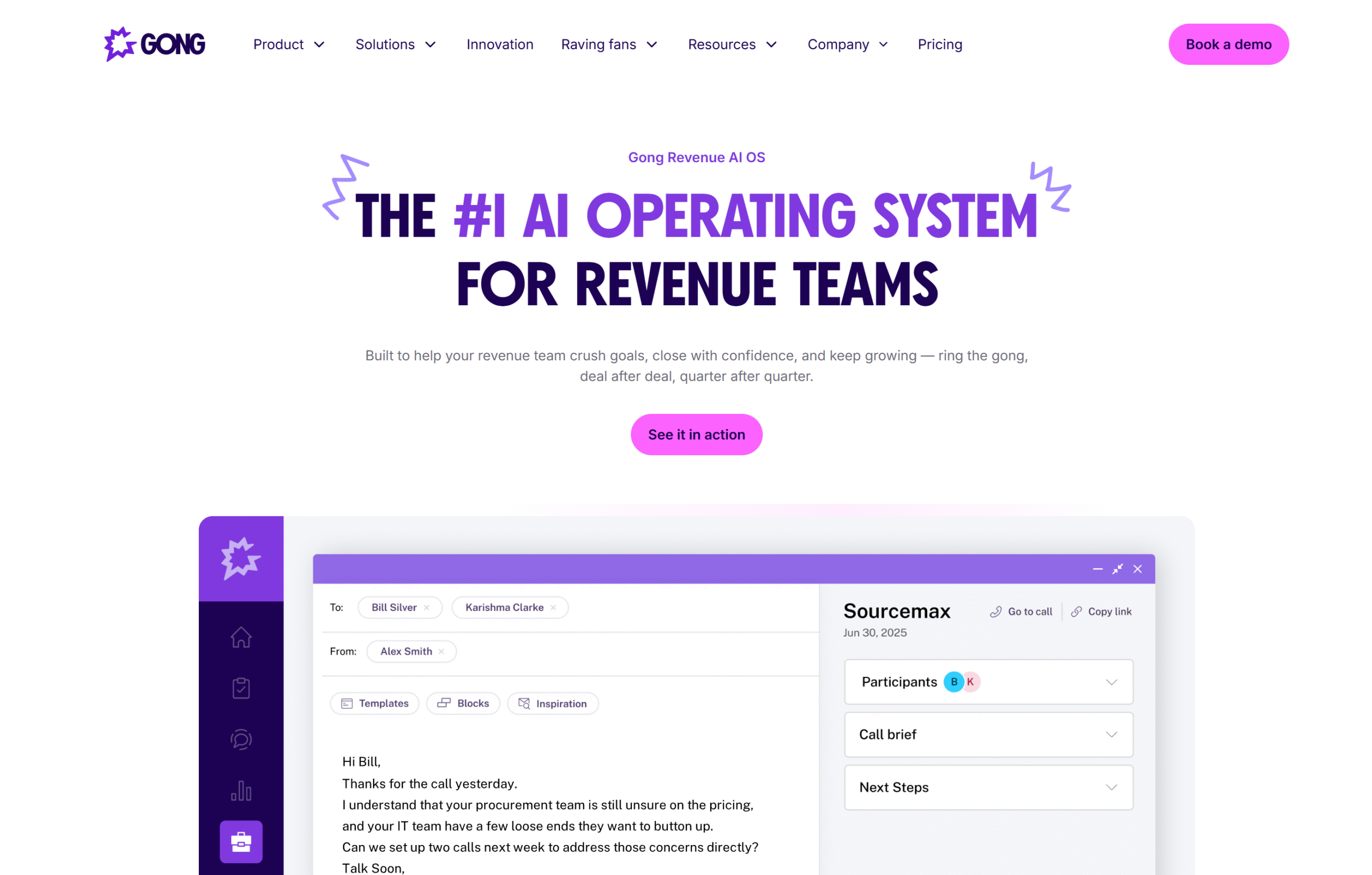 Gong homepage: 'The #1 AI operating system for revenue teams', showing a follow-up email drafted from a call brief
