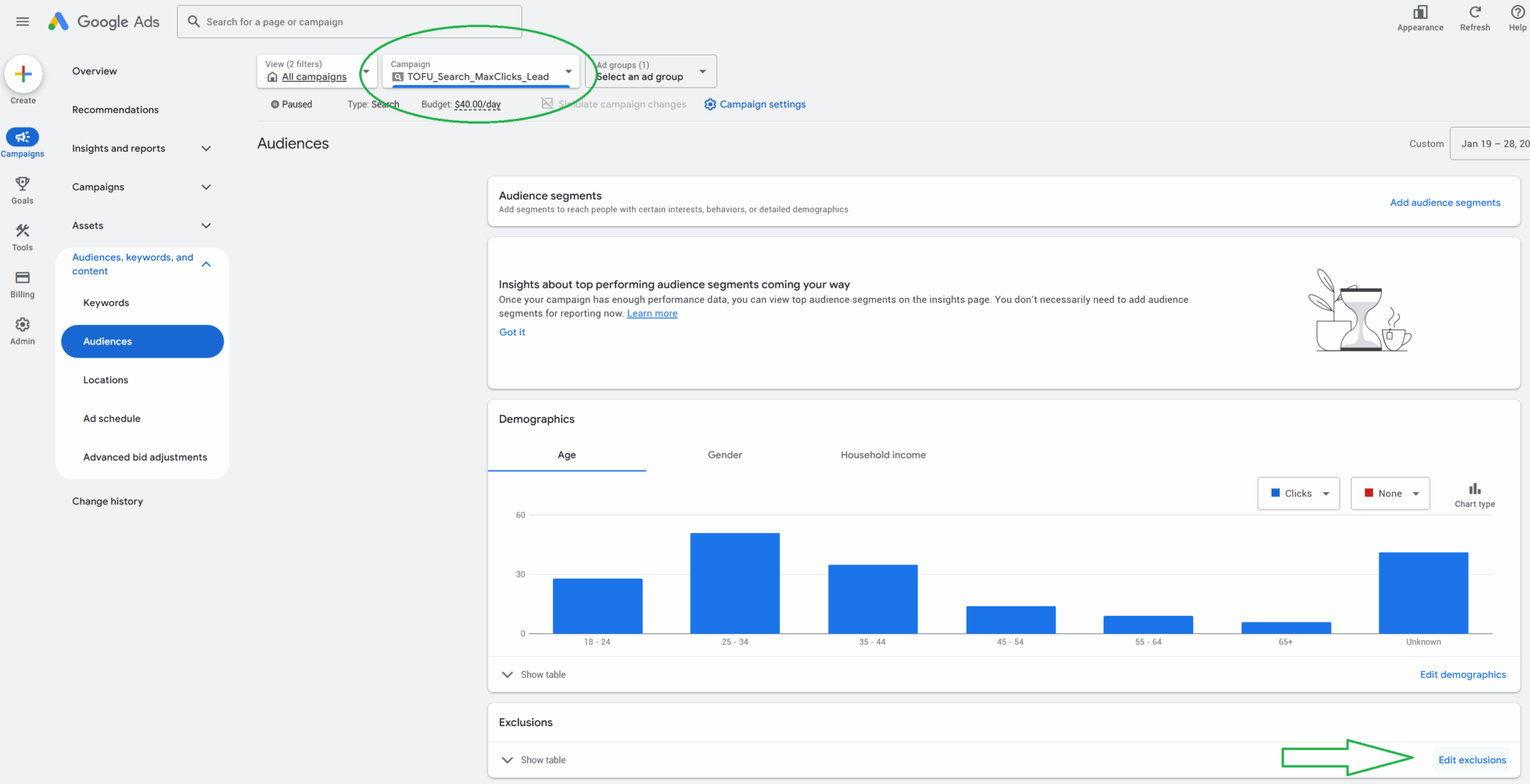 Google ads UI showing a specific campaign and exclusion list