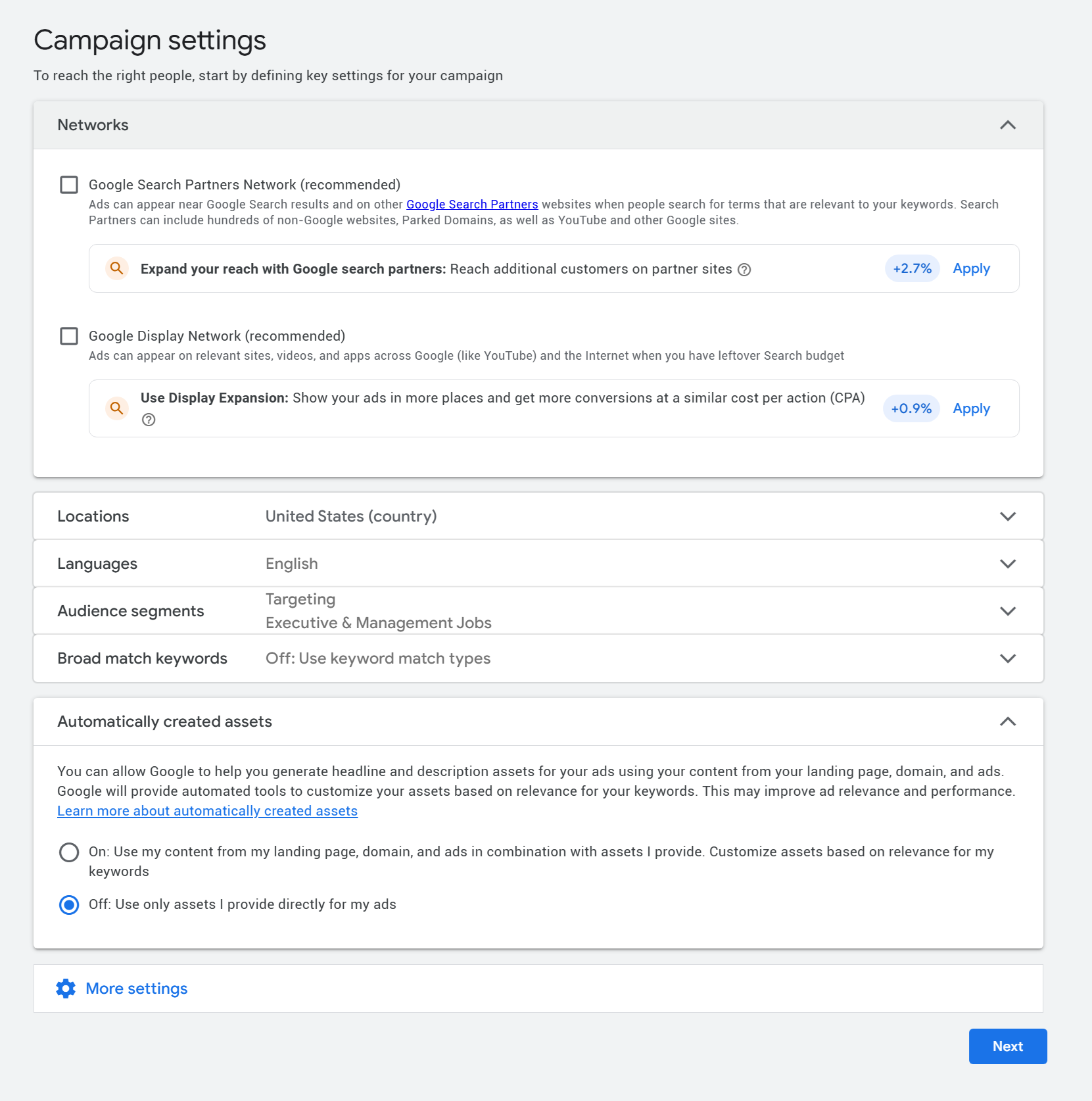 Campaign settings in Google ads