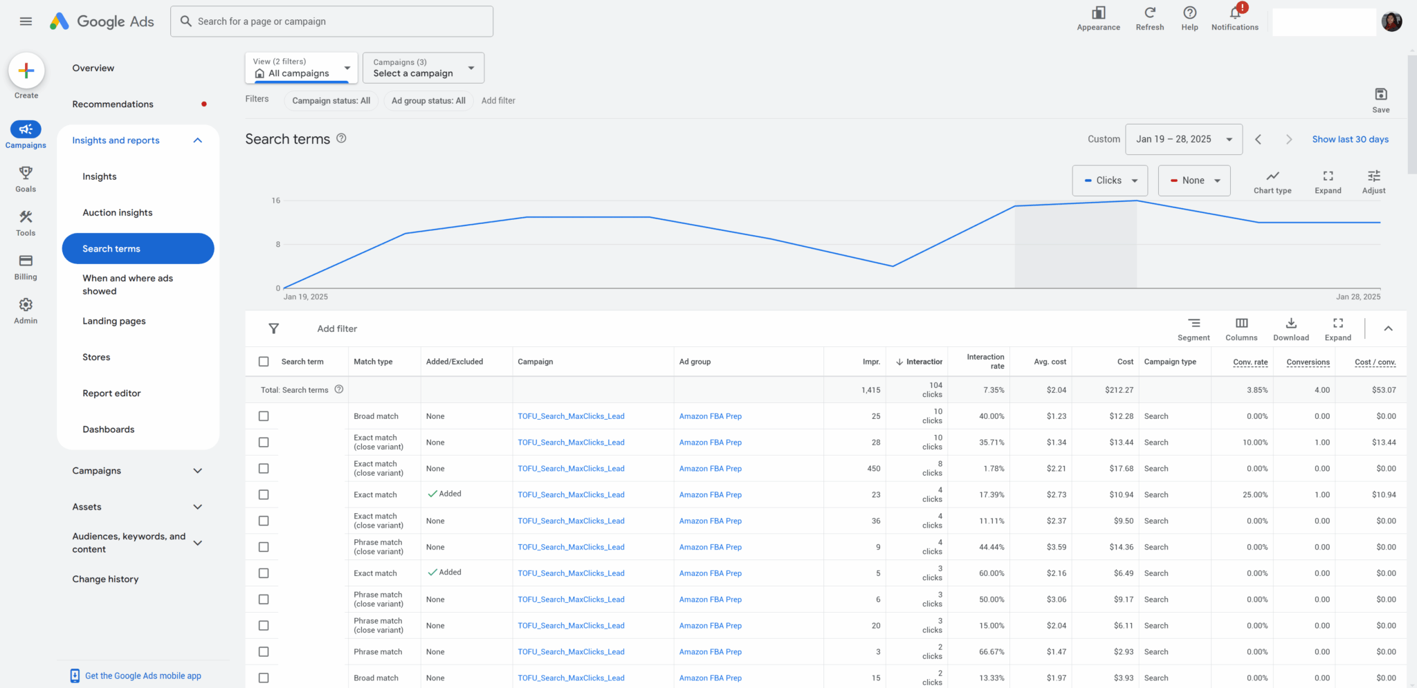 Google search terms in ads UI