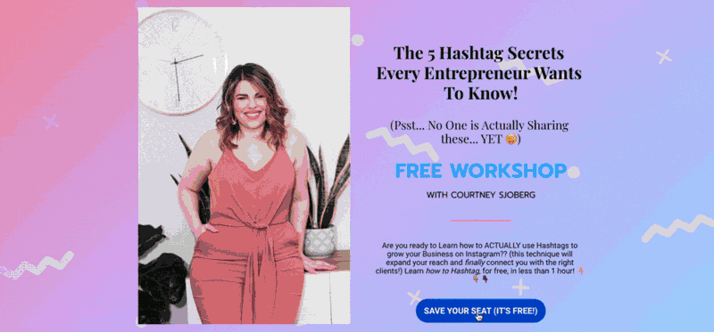 The Hashtag Files landing page offering a free workshop, 'The 5 Hashtag Secrets Every Entrepreneur Wants To Know', with a Save Your Seat button