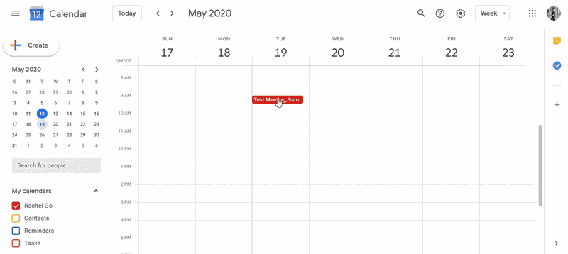 Google Calendar week view for May 2020, opening a Test Meeting event to find the video call link