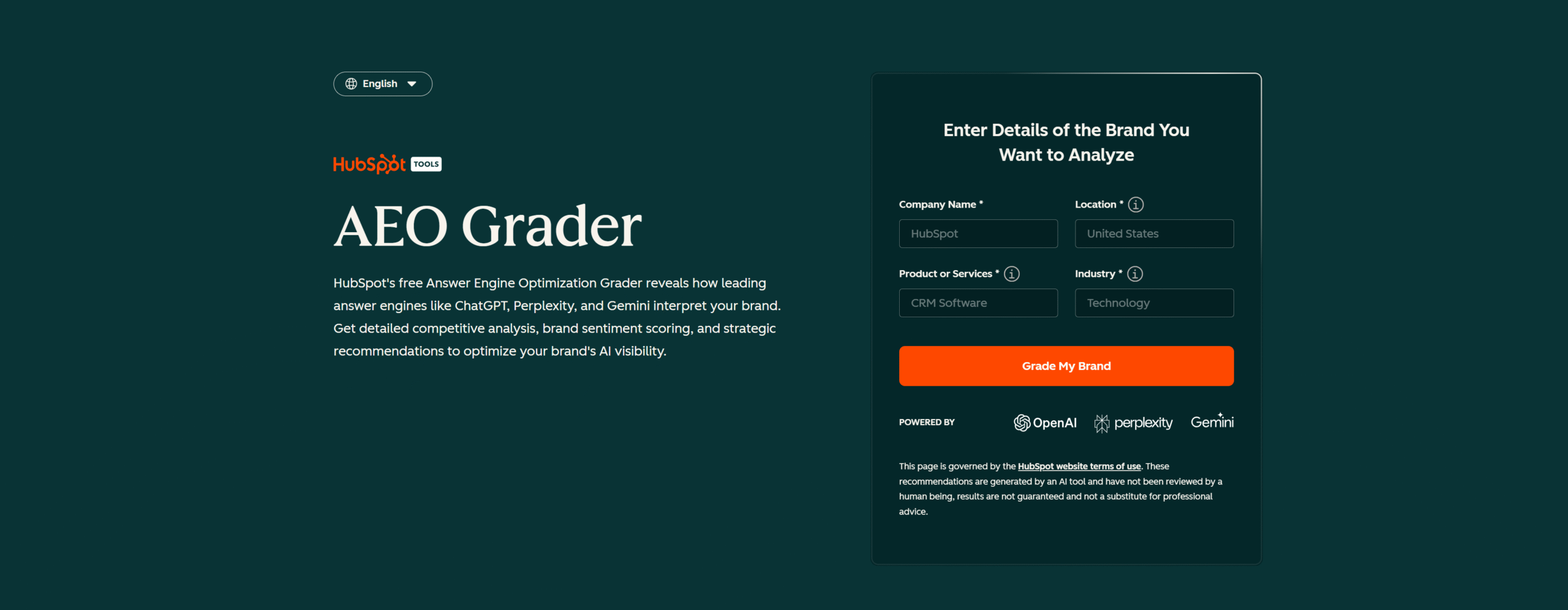 HubSpot AEO Grader form asking for company name, location, products or services and industry, with a Grade My Brand button; powered by OpenAI, Perplexity and Gemini