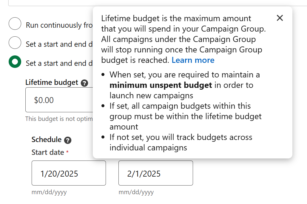 Lifetime budget supercedes end dates