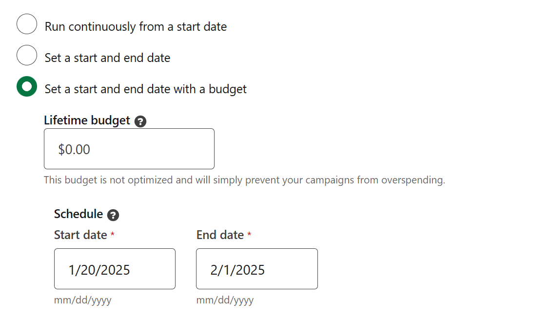 LinkedIn Campaign Group budget and schedule options