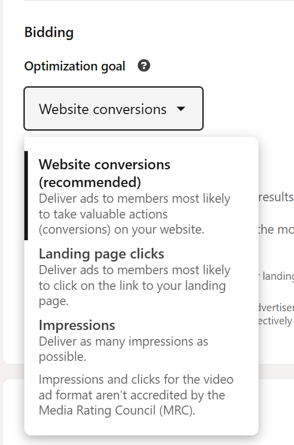 LinkedIn ad bidding goal