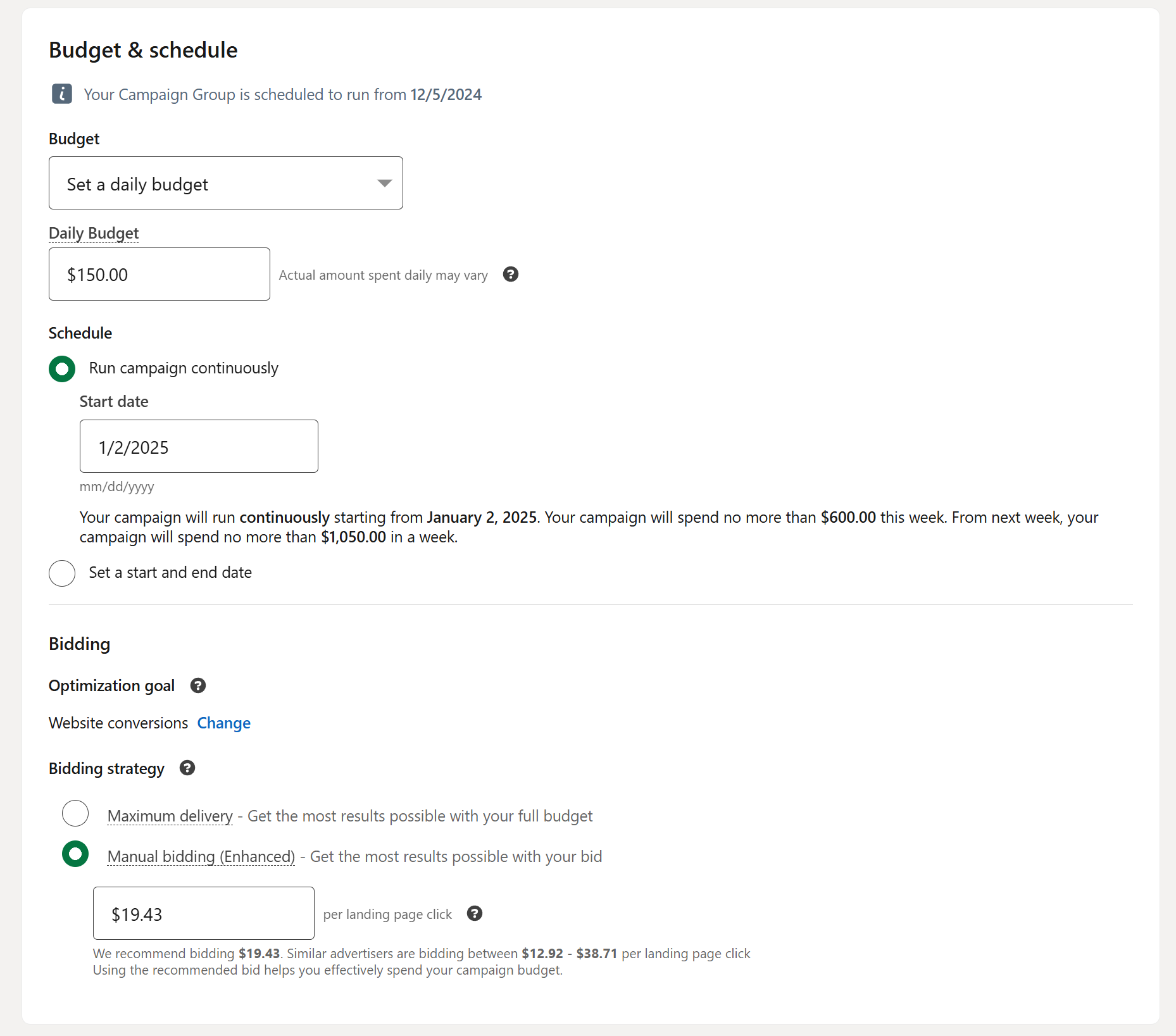LinkedIn ad budget schedule and bidding