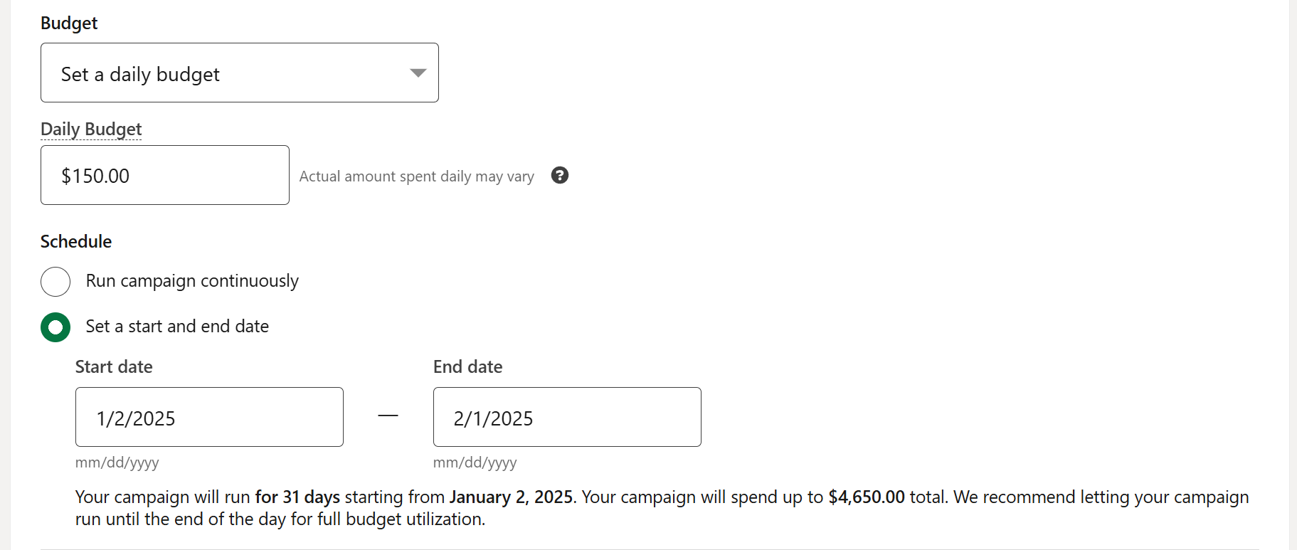 LinkedIn ad daily budget with start and end date