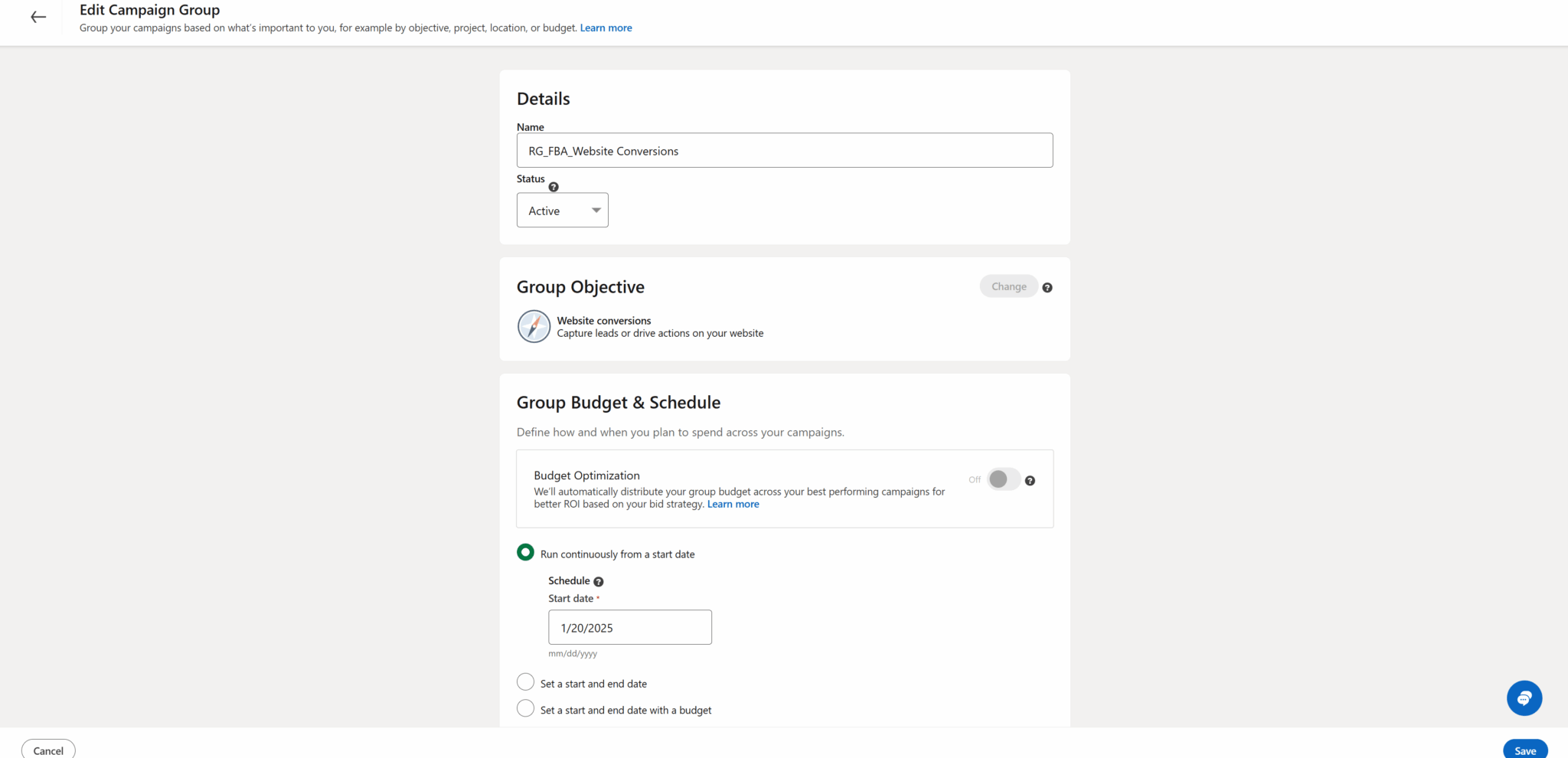 LinkedIn ads campaign group budget and schedule