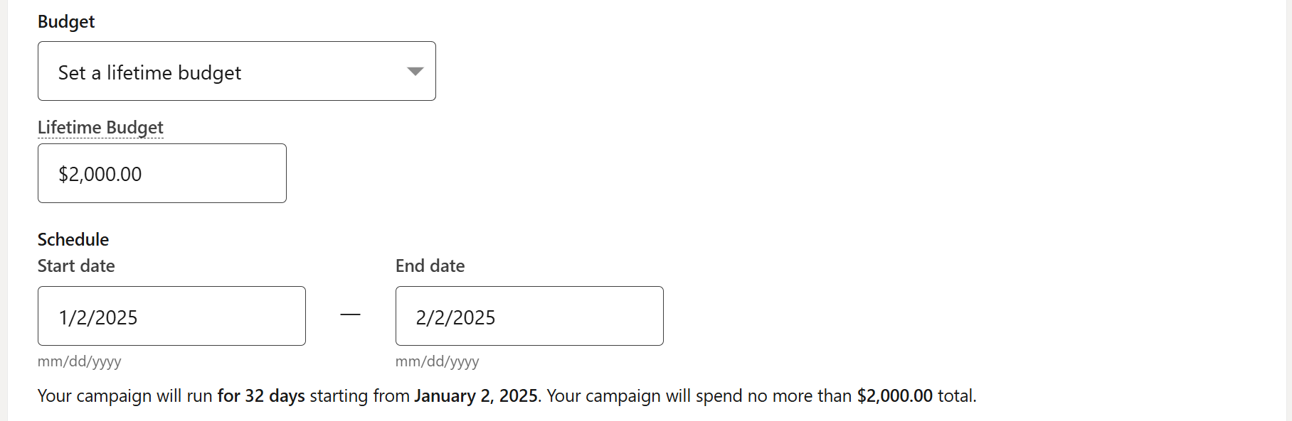 LinkedIn ads lifetime budget with start and end date