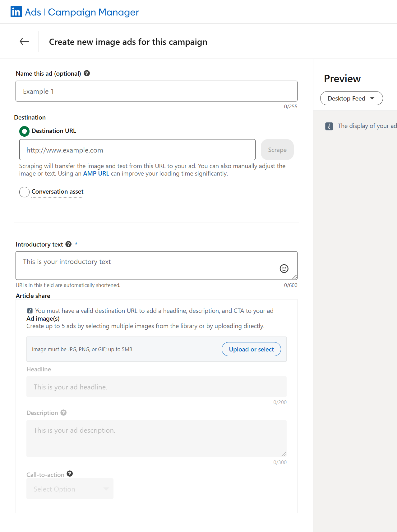 UI to create a new image ad in LinkedIn