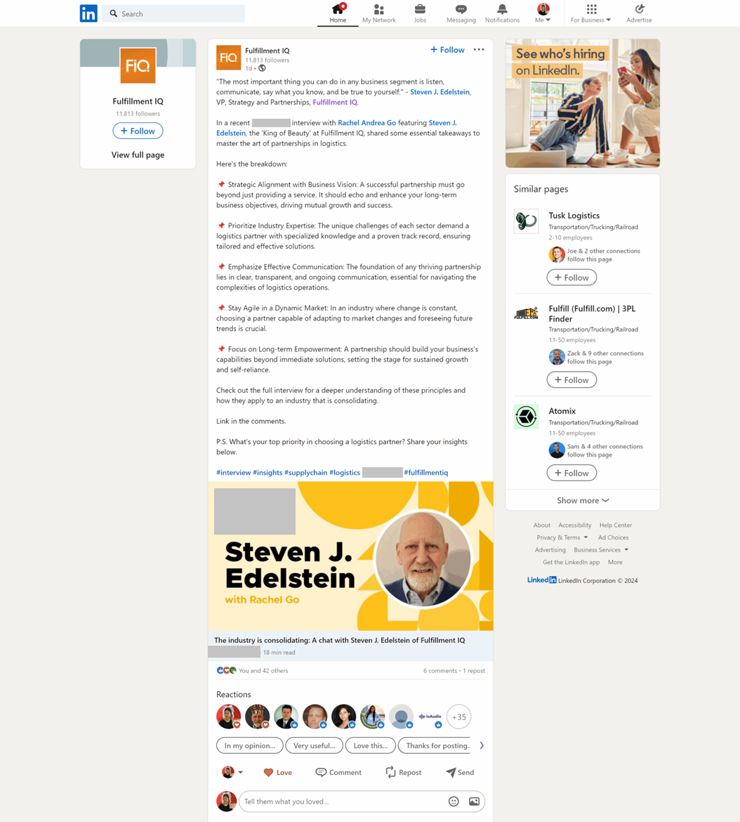 Fulfillment IQ LinkedIn post summarising Steven J. Edelstein's interview with Rachel Go, with a branded graphic, 42 reactions and 6 comments
