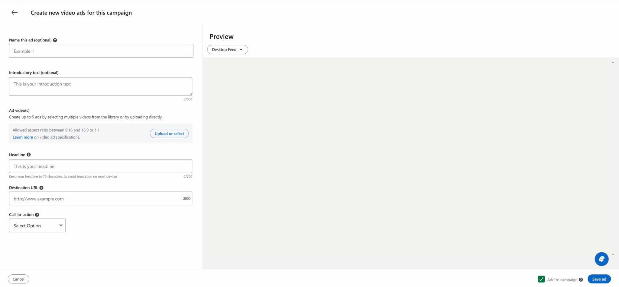 LinkedIn video ad UI and preview