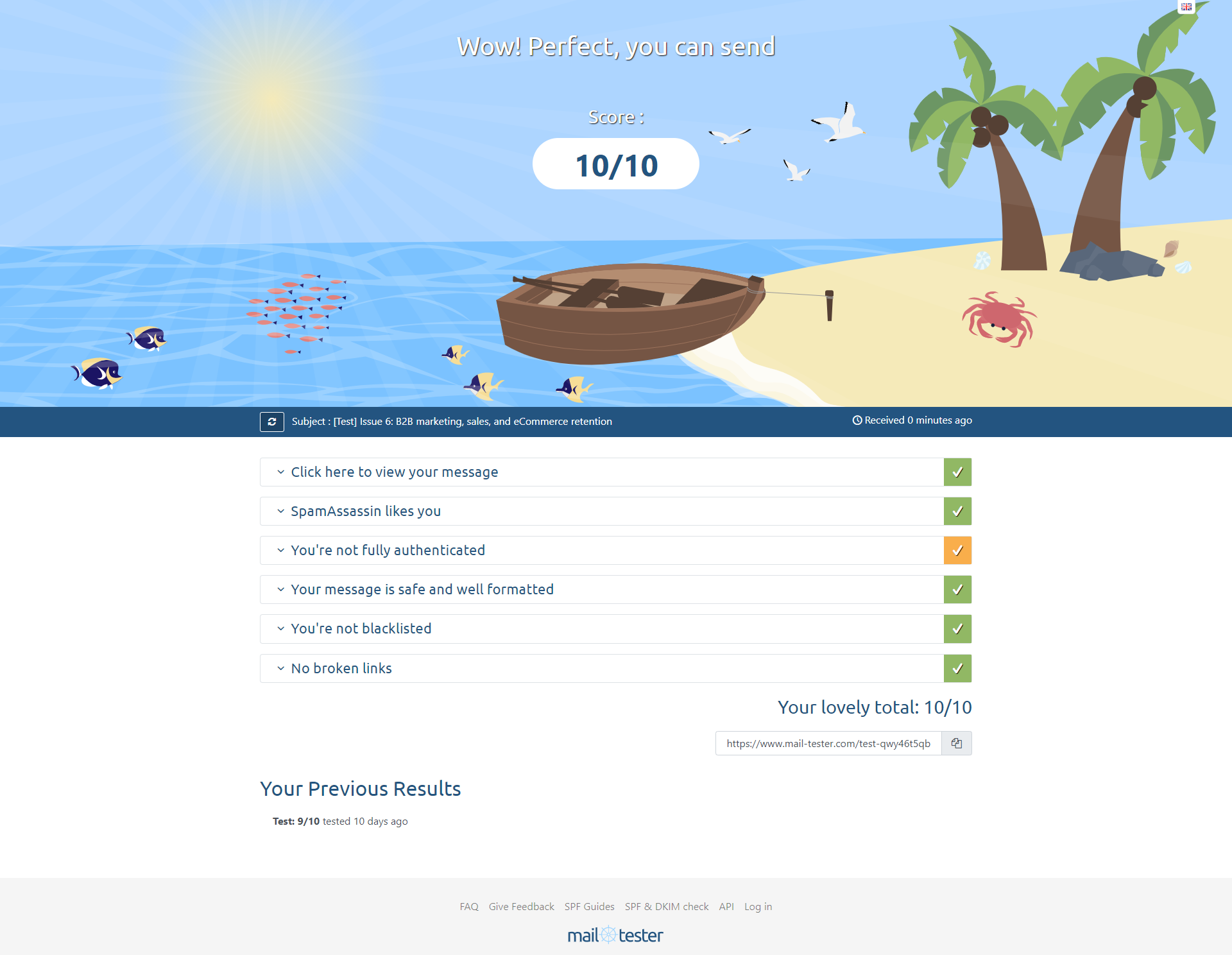 Spam email grader results