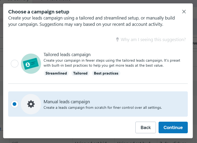 Choosing the manual leads campaign setup in meta ads