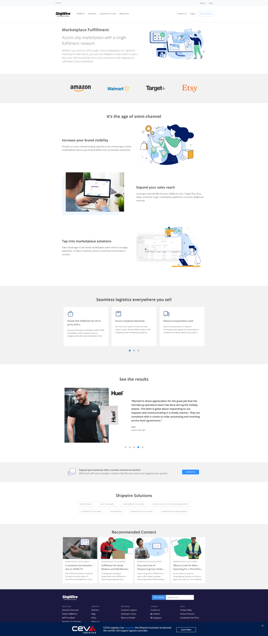 Shipwire Marketplace Fulfillment solutions page covering Amazon, Walmart, eBay, and other marketplace channels.