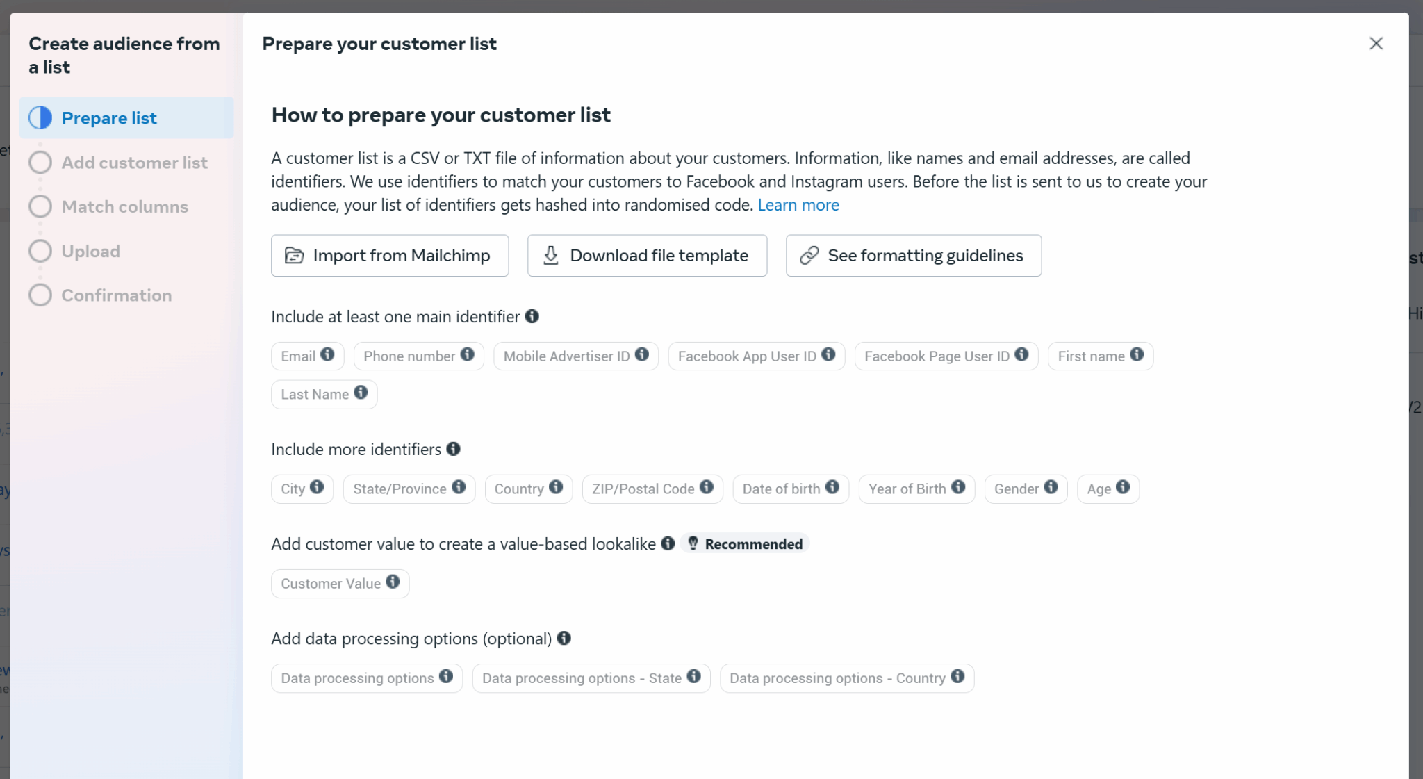 Meta ads UI for creating a custom audience